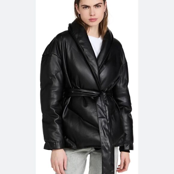 Blank NYC Black Faux Leather Puffer Jacket with Belt Closure - Picture 1 of 11